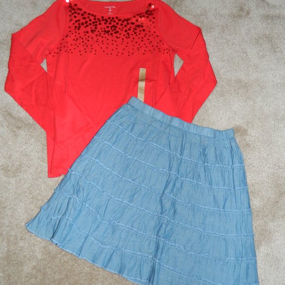 NWT LANDS END 2 PC WOVEN TIERED SKIRT and NOVELTY SPARKLE TEE SZ 14 - Picture 1 of 1